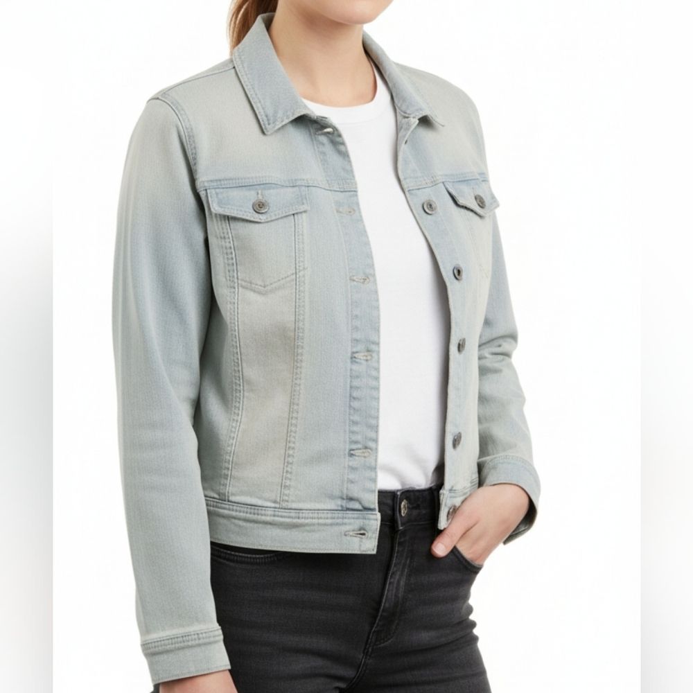 Ecru Denim Jacket Women Size L Light Wash Blue Stretch Fall Casual Layering Boho